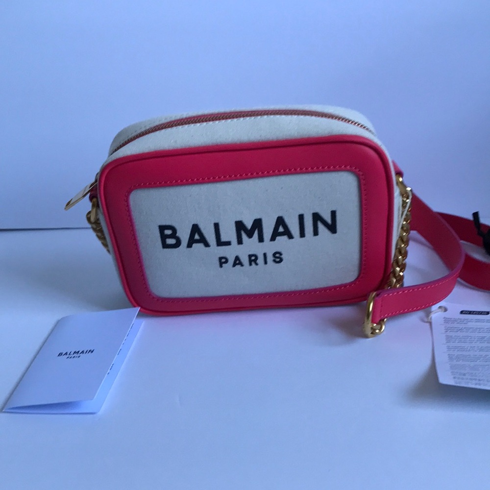 New Authentic Balmain Pink Leather-Trim Canvas Crossbody Bag
